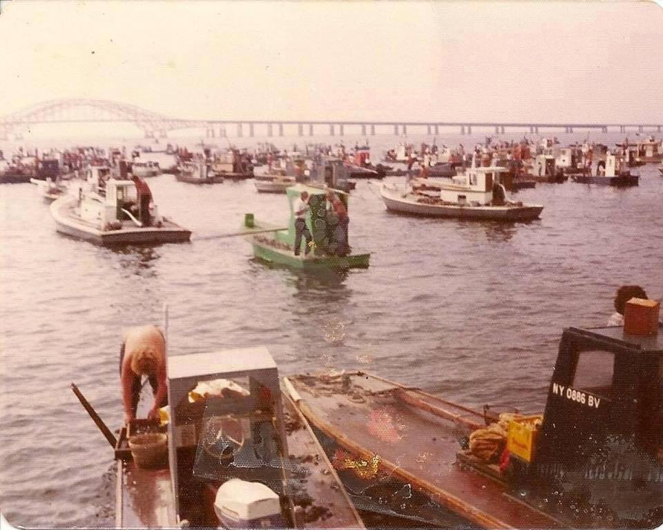 Traditional clam digger working in Long Island bay at dawn