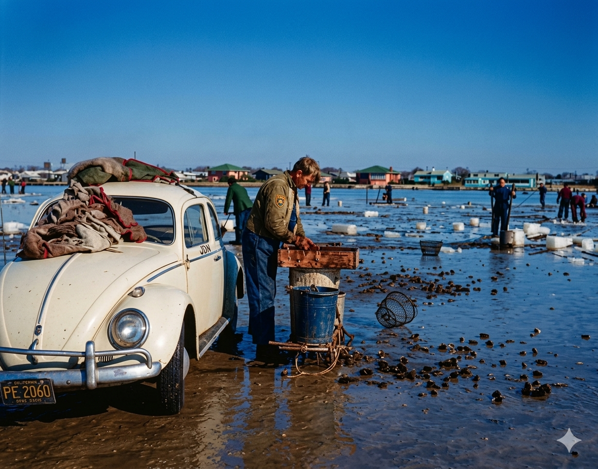 Clammer sorting his catch into a bucket beside a vintage Volkswagen Beetle parked on the tidal flats