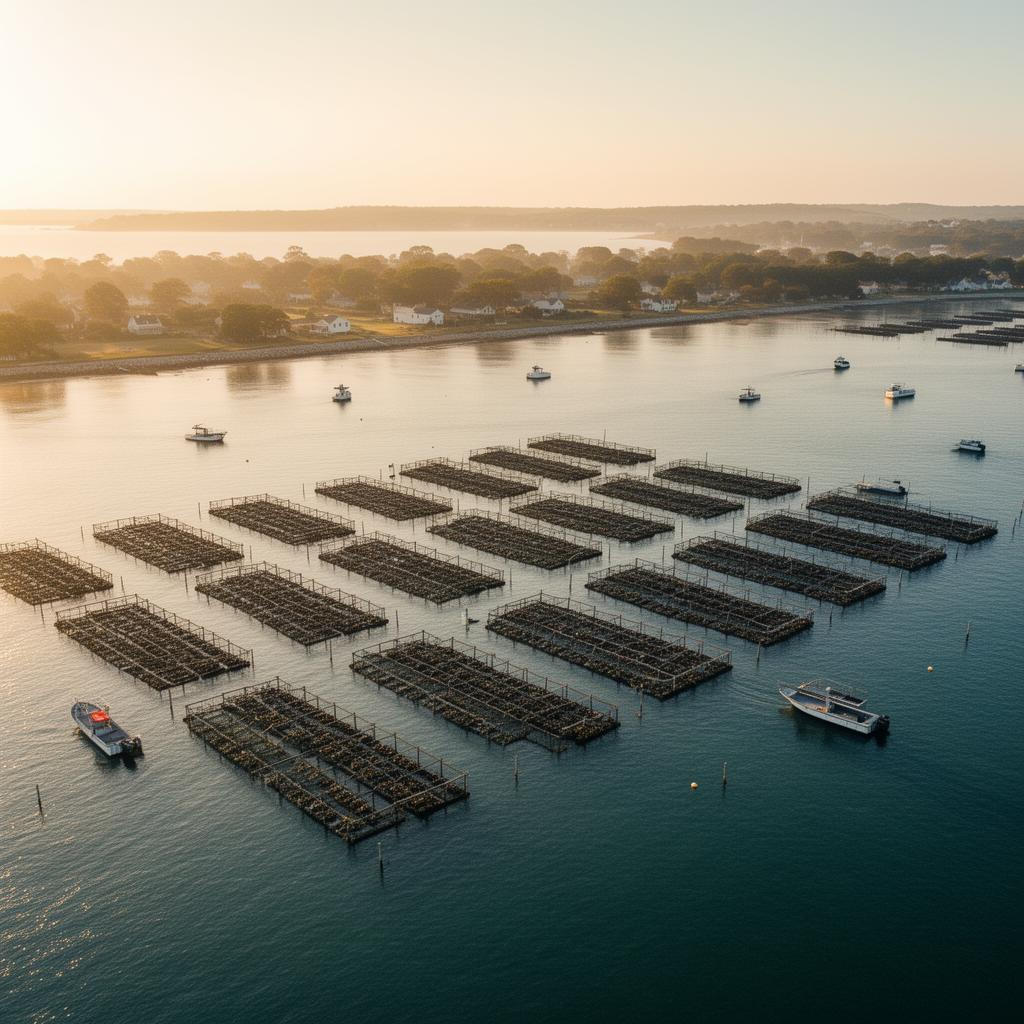 Aerial view of oyster farm cages in calm Long Island bay